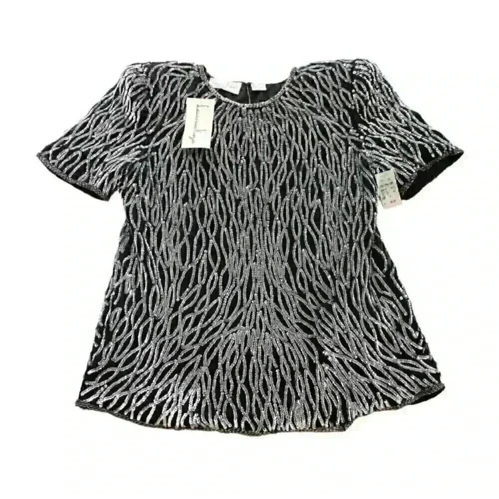 NWT Vintage M Laurence Kazar Black Silver Silk Sequin Evening Formal Blouse Top